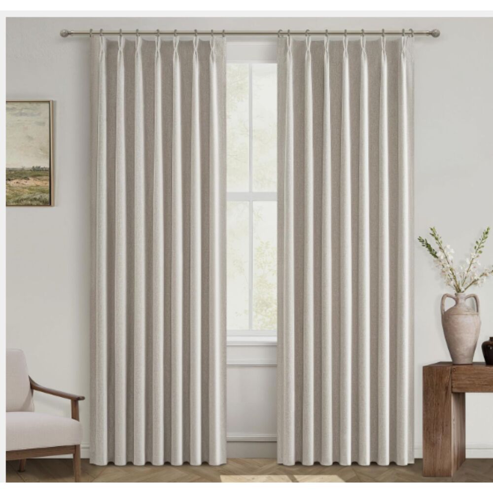 107"L/ QJmydeco linen blend blackout pinch pleated curtains ONE PANEL ONLY. NEW